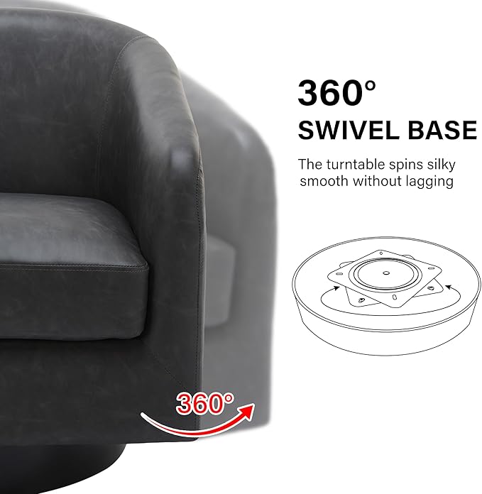 Swivel Barrel Accent Chair, Modern Round Faux Leather Arm Chair for Living Room, Bedroom, Comfy Club Reading Chairs for Adults(Faux Leather, Black Grey, Set of 1)-Ruum Studio Home