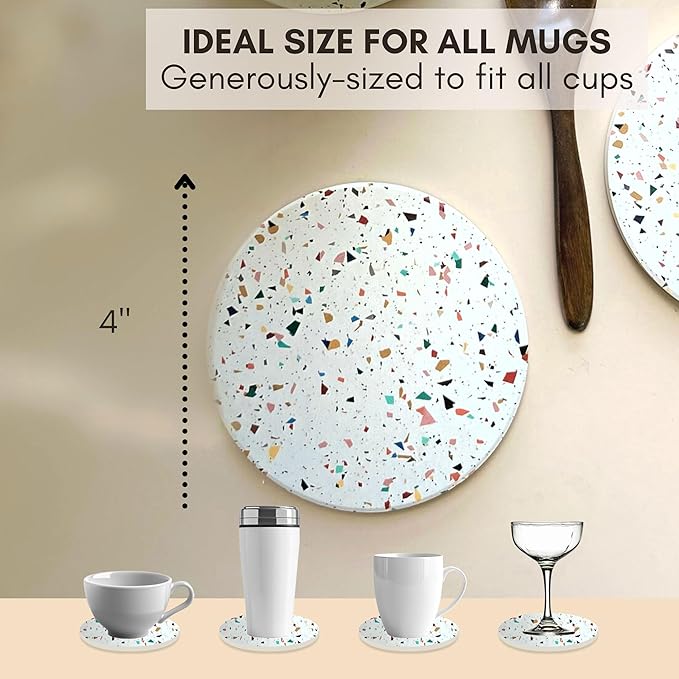 Terrazzo Drink Absorbent Coasters with Holder Set of 6, Ceramic Coaster for Drinks, Coffee Table Decor, Water Absorbing Stone Coaster for Drinks (Confetti)-Ruum Studio Home