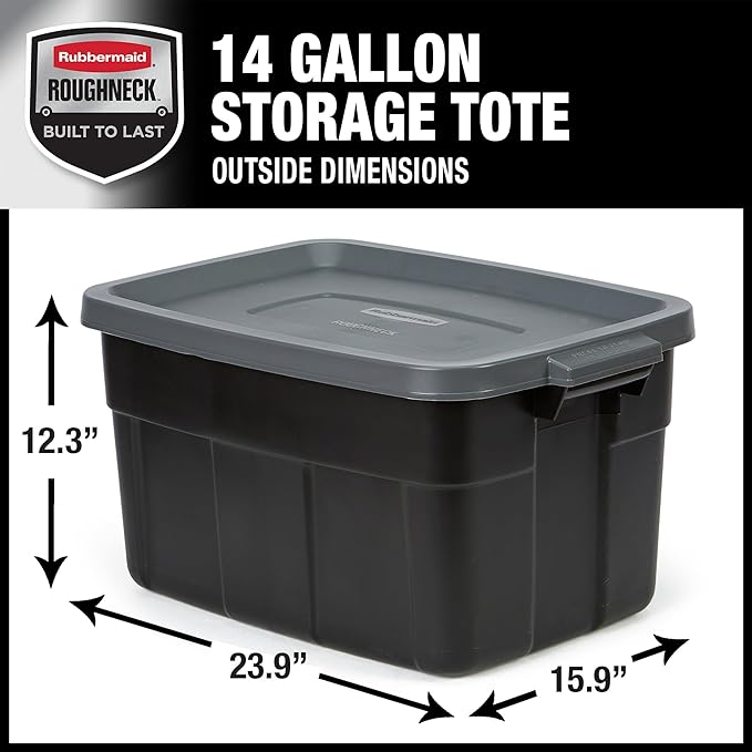 Rubbermaid Roughneck Tote 14 Gal, 6 Pack, Made in USA, Black & Gray, Rugged Plastic Stackable Storage Bins with Lids and Handles-Ruum Studio Home