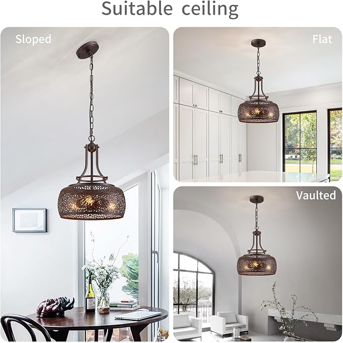 WUZUPS Chandelier Rustic Farmhouse Industrial Round Ceiling Pendant LED Light Fixture with Later-Cut Openwork Drum Shade, H 15.7" x W 13.4", Oil Rubbed Bronze-Ruum Studio Home