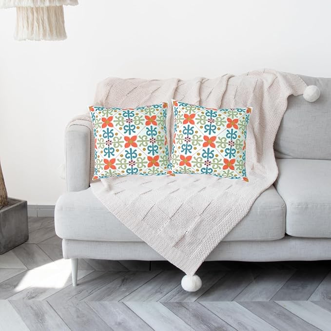 Embroidered Decorative Throw Pillow Cover, 18"x18" Set of 2, Farmhouse Pillowcase Colorful Flower Knit Pattern Cotton Canvas Cushion Case Square Floral Pillow Case for Sofa Couch Bed Living Room-Ruum Studio Home