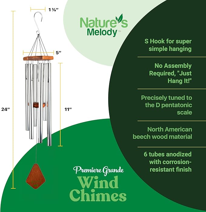 Nature’s Melody Premiere Grande Tunes Wind Chimes – Outdoor Windchime with 6 Tubes Tuned to E Pentatonic Scale, Rustproof Aluminum, Beech Wood & S Hook Hanger for Sympathy, Memorial Gift or Zen Garden-Ruum Studio Home