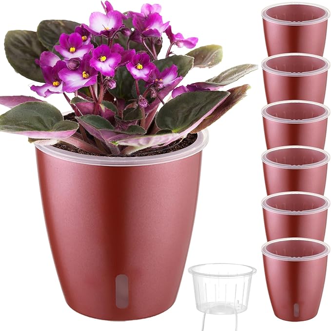 Self Watering Pots for Indoor Plants, 6-Pack 5'' Self Watering Planter with Drainage Holes, Small African Violet Pots with Water Indicator, Clear Wick Orchid Pot, Rose Gold-Ruum Studio Home