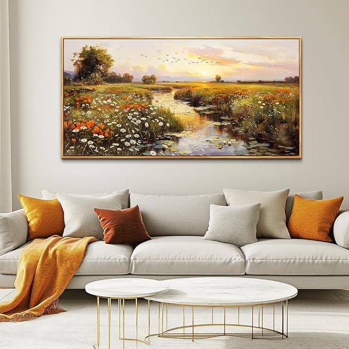 PHAOHUAXM Large Canvas Wall Art For Living Room Wall Decor For Bedroom Watercolour Painting Office Decoration Countryside Sunrise Scenery Wall Picture Home Decor Ready To Hang 30x60 In Wood Framed-Ruum Studio Home