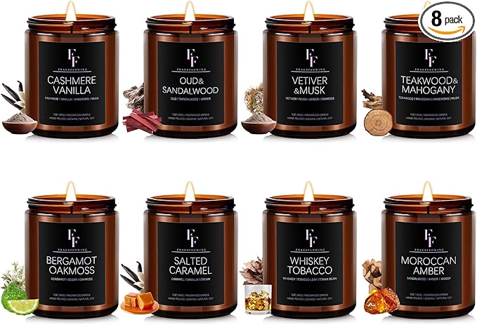 Scented Candles Set, Soy Wax Candles 8 Pack 56 Oz Aromatherapy Candles Gift Set for Women Men （Vanilla/Sandalwood/Amber/Mahogany/Vetiver/Bergamot/Caramel/Whiskey）-Ruum Studio Home