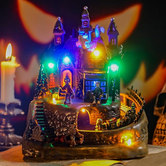 DREAM GARDEN Halloween Village Collection, Lighted Spooky Haunted House with Animated Train and Scary Sound Resin Spooky Town with Skull, Pumpkin, Ghost for Holiday Party Tabletop Decor-Ruum Studio Home