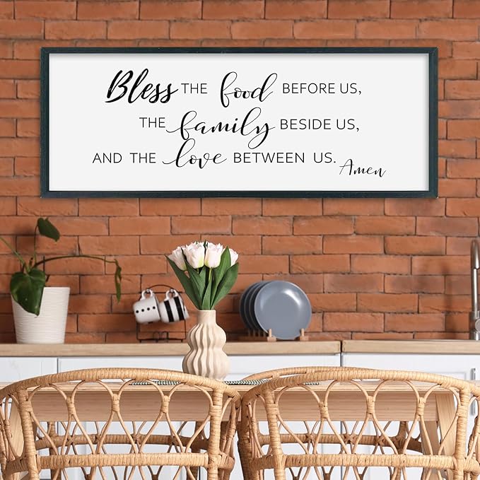 SRSZHIYUE Bless the Food Before Us Wall Sign Decor 32"×12" Christian Bible Verse for Farmhouse Rustic Kitchen Dining Room Framed Wood Scripture Religious Jesus Prayer Wall Art (Black)-Ruum Studio Home