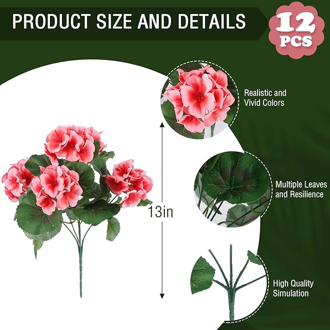 Hananona Artificial Geranium Flowers for Outdoors Geranium Silk Flowers Outdoor UV Resistant Garden Plants Faux Flowers for Home Kitchen Table Centerpieces Decor (12, Peach)-Ruum Studio Home