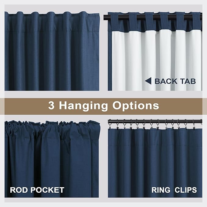 54 Inch Length Curtains for Bedroom Men Room Decor Darkening Back Tab Pleated Blackout Linen Insulated Curtain for Living Room Bathroom Wide Dark Navy Midnight Blue Drapes for Teen Boy 54 Long 2 Panel-Ruum Studio Home