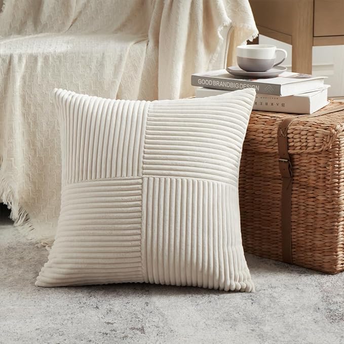 Fancy Homi 2 Packs Cream Big Decorative Throw Pillow Covers 24x24 Inch for Living Room Couch Bed, Rustic Farmhouse Boho Home Decor, Soft Corss Corduroy Patchwork Accent Square Cushion Case 60x60 cm-Ruum Studio Home