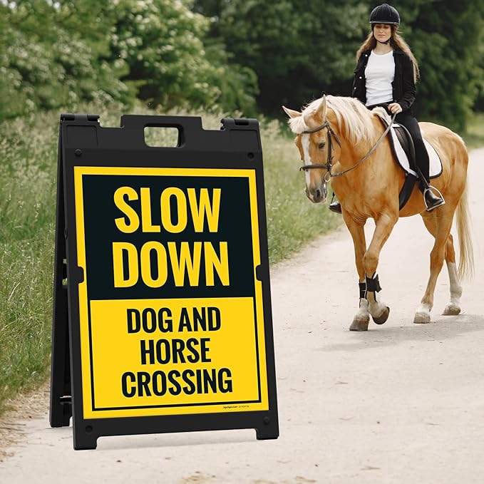 Slow Down Dog and Horse Crossing Sidewalk Sign Kit, 18x24 Inches, with A Frame Stand, Made in USA-Ruum Studio Home