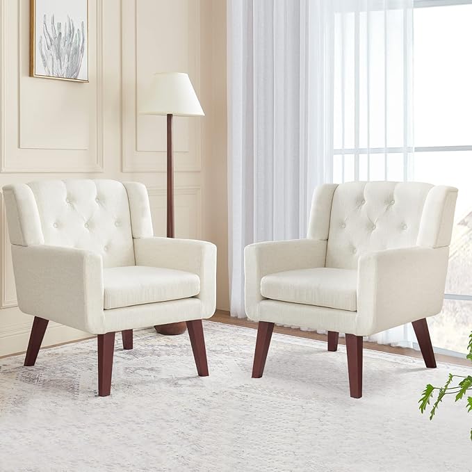Accent Chair Button-Tufted Upholstered Living Room Chairs Comfy Reading Chair Mid Century Modern Chair with Linen Fabric Lounge Arm Chairs for Living Room Bedroom (Beige Set of 2)-Ruum Studio Home