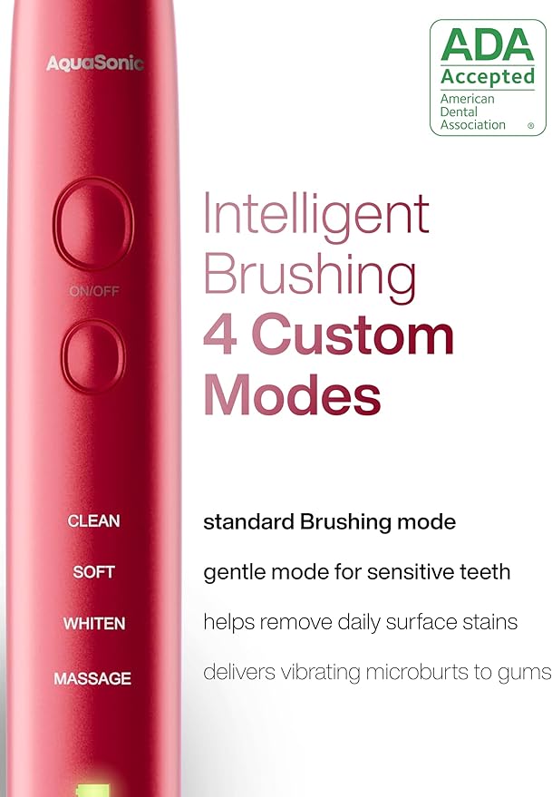 Aquasonic Vibe Series Ultra-Whitening Toothbrush – ADA Accepted Electric Toothbrush - 8 Brush Heads & Travel Case – 40,000 VPM Motor & Wireless Charging - 4 Modes w Smart Timer – Ruby-Ruum Studio Home