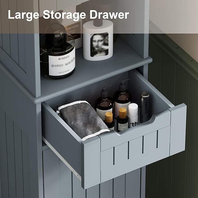 ChooChoo 67" Tall Bathroom Storage Cabinet Freestanding with Adjustable Shelves, Narrow Storage Linen Cabinet with 2 Doors and 1 Drawers for Bathroom, Living Room, Kitchen, Grey-Ruum Studio Home