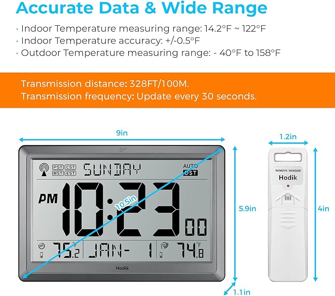 Wall Clock Atomic with Indoor Outdoor Temperature Battery Powered, Easy Reading with 10.5 Inch Large LCD Display, 330FT Range Table Wall Clock With DST, 12/24 Hour for Living Room Kitchen (Silver)-Ruum Studio Home