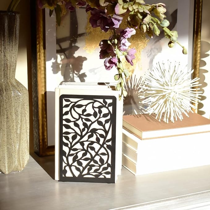 CNK Book Ends for Shelves - Metal Holders for Home Office Heavy Books, Shelf Stoppers, Decorative Set of 2 Black Infinite Leaves Bookends-Ruum Studio Home