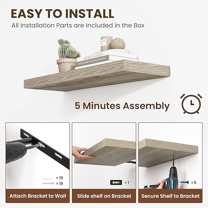 55 Inch Floating Shelves, 12 Inch Deep Floating Shelves for Wall, Floating Shelf with Invisible Brackets, Deep Shelves for Bathroom, Bedroom, Living Room, 1 Pack, Grey-Ruum Studio Home