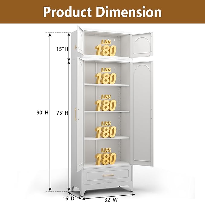 Kitchen Cabinet, 90" Tall Metal Pantry Cabinet, Freestanding Cupboards with One Drawer, Food Storage Cabinets for Dining, Living Room, White, 16" D x 32" W x 90" H, Assembly Required-Ruum Studio Home