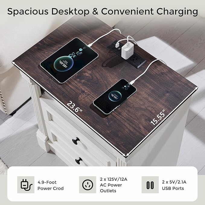 26" Tall Farmhouse Nightstand Set of 2, 3 Drawers End Table w/Charging Station, 23.6" Wide Large Side Table w/Roman Column, Wood Rustic Sofa Table for Bedroom, White-Ruum Studio Home