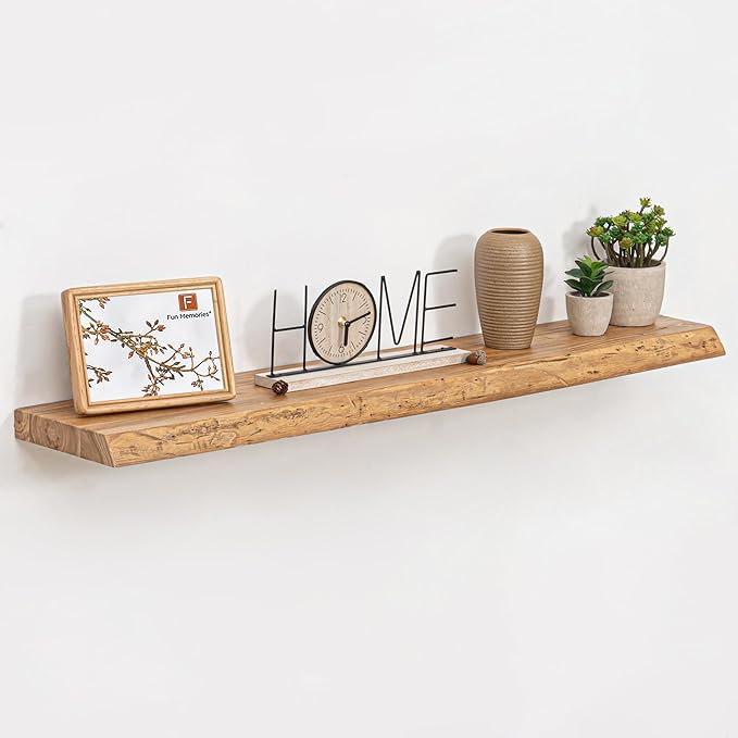 Floating Shelves for Wall, 42" Live Edge Solid Elm Wood Floating Shelf, Wall-Mounted Display Shelves with Invisible Heavy-Duty Metal Bracket, Floating Shelf for Living Room Kitchen, Natural-Ruum Studio Home