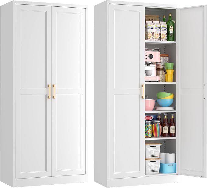 71" Tall Metal Pantry Cabinet, White Kitchen Pantry Storage Cabinet with 4 Adjustable Shelves and Gold Handles, Cupboard for Kitchen, Dining Room, Living Room, Bathroom-Ruum Studio Home