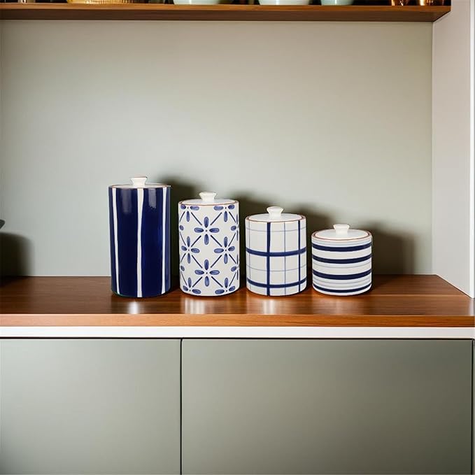 Young's Inc. 4 Pcs Set Cylindrical Ceramic Canisters- Storage Container for Kitchen and Bathroom - Beautiful Home Decor Accent to Store Food, Coffee, Tea, and More - White, Blue-Ruum Studio Home