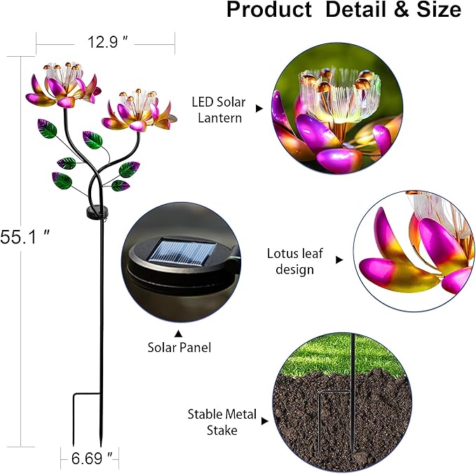 55'' Solar Powered Kinetic Wind Spinner Sculpture Pink Lotus Metal Stake Spinner for Patio, Lawn and Garden Decor Weather-Resistant Outdoor Art with Dual Lotus Design-Ruum Studio Home
