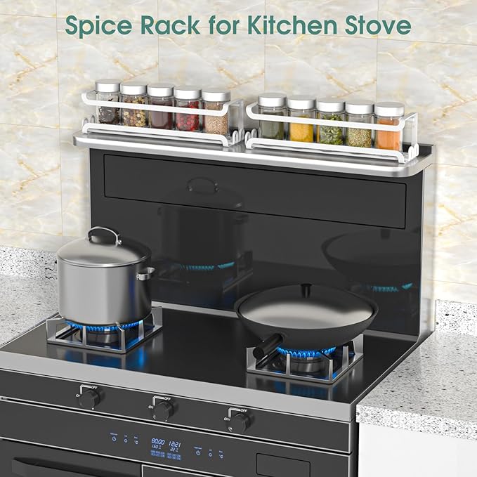 LUCYCAZ 2 Pack Wall Mounted Spice Rack with 16 Hooks, Spice Organizer Shelf for Stove Cabinet Pantry Door,Screw or Adhesive Spice Shelf Hanging Wall Spice Rack in Kitchen and RV (White, 2 PACK)
