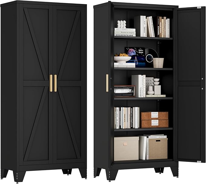 71'' Farmhouse Metal Storage Cabinet with Barn Doors,Steel File Cabinet for Home Office,Kitchen Pantry 4 Adjustable Shelves,Freestanding Cupboard for Kitchen,Home Office (Black)-Ruum Studio Home