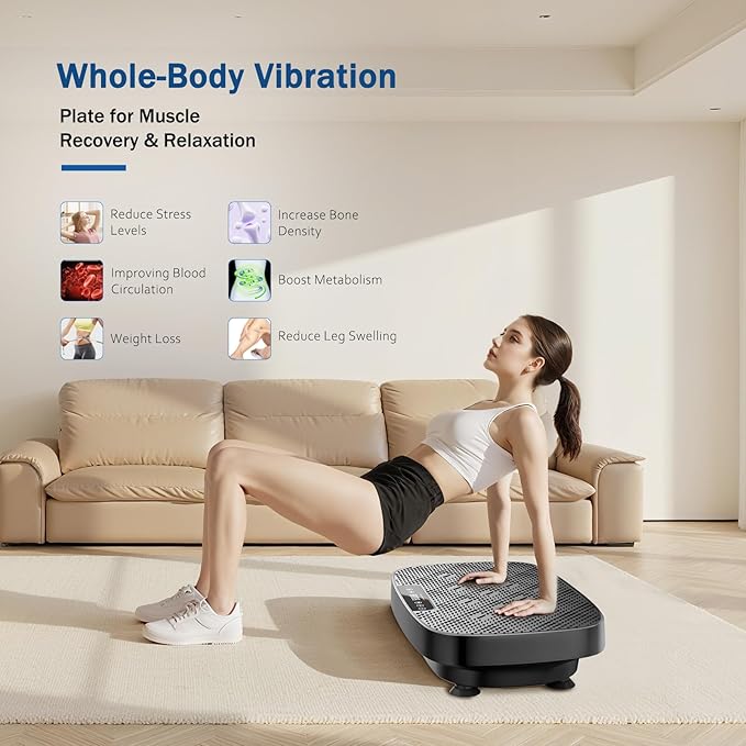 Vibration Plate Exercise Machine, Ultra-Quiet Vibration Plate for Lymphatic Drainage & Body Toning, Whole Body Vibration Platform with Bluetooth, Resistance Bands, Home Gyms Equipment-Ruum Studio Home
