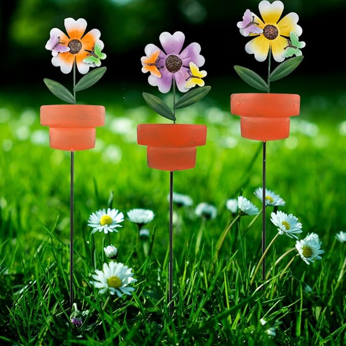 Metal Garden Stakes Decor,3 Pack Flowers Pot Decorative Garden Stakes, Waterproof Spring Outdoor Decor,Metal Flowers Garden Decor for Outside,Lawn,Yard,Pathway-Ruum Studio Home