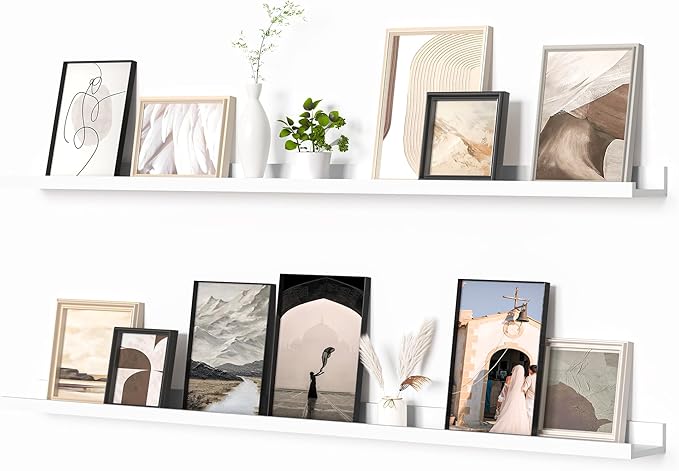 Heimlove Picture Ledge Shelf, Floating Shelves Set of 2, 56 Inches Picture Shelf for Wall with Ledge, Kids Bookshelf Wall Mounted for Living Room Bedroom Decor Books Photo Frames, White-Ruum Studio Home