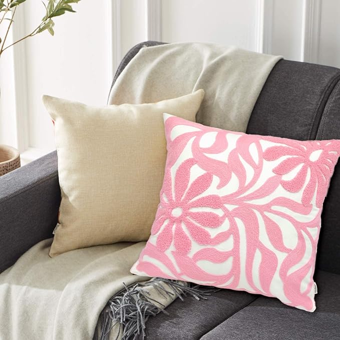 Alysheer Farmhouse Floral Leaves Embroidered Decorative Throw Pillow Cover 18x18 inches, Boho Tufted Flowers Embroidery Pattern Chic Cotton Cushion Case for Couch Bed Sofa Living Room(Light Pink)-Ruum Studio Home