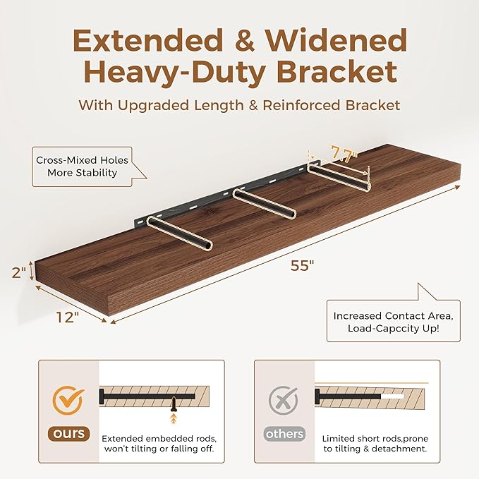 Floating Shelves 55 Inch Long, 12 Inch Deep Floating Shelves for Wall, Rustic Deep Wall Shelf for Fireplace Mantel, 55 x 12 Large Display Shelf for Living Room, Bedroom, Kitchen, Walnut Color, 1 Pack-Ruum Studio Home