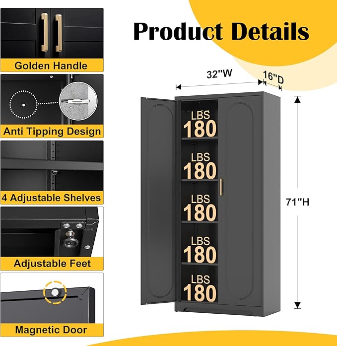 Metal Tall Black Cabinet, 71' Pantry Cabinet with Doors and 4 Adjustable Shelves, for Pantry, Laundry Room, Living Room, Dining Room-Ruum Studio Home