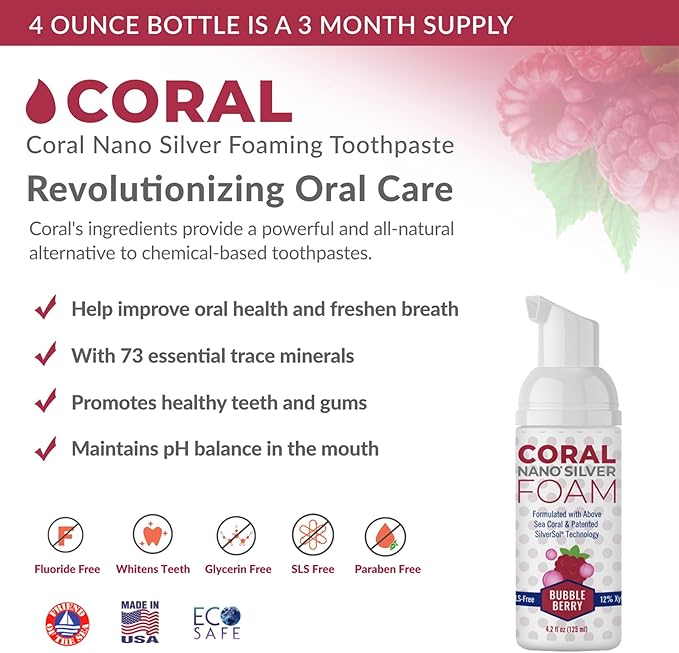 Coral Nano Silver Kids Fluoride Free Foaming Bubble Berry Coral Calcium Toothpaste, Natural Formula, SLS and Glycerin Free - 4 Ounce-Ruum Studio Home