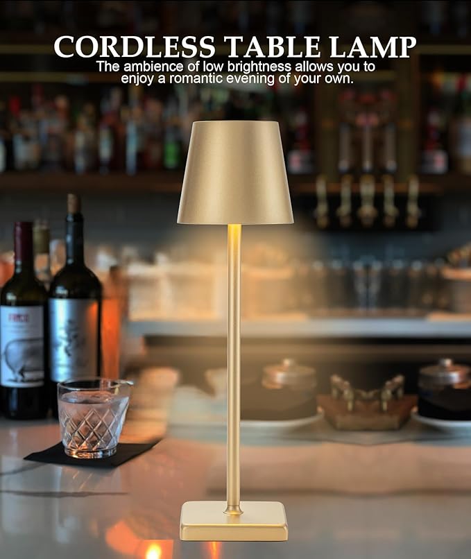 HASUN Gold Cordless Table Lamp, Aluminum Shell LED Rechargeable Desk Lamp, 3W 5200mAh Battery Operated Table Light, 3 Color Stepless Dimming Up Waterproof for Living Room/Indoor/Outdoor (Gold)-Ruum Studio Home