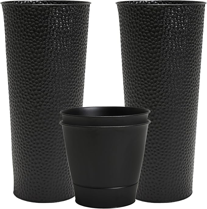 Worth Garden 2-Pack 28" H. Metal Planter with 2X Inside Pots - Hand-Hammered Texture Tall Narrow Tapered Plant Pots - Large Handcrafted Flower Pot for Indoor Outdoor, Deck, Patio, Front Porch (Black)-Ruum Studio Home