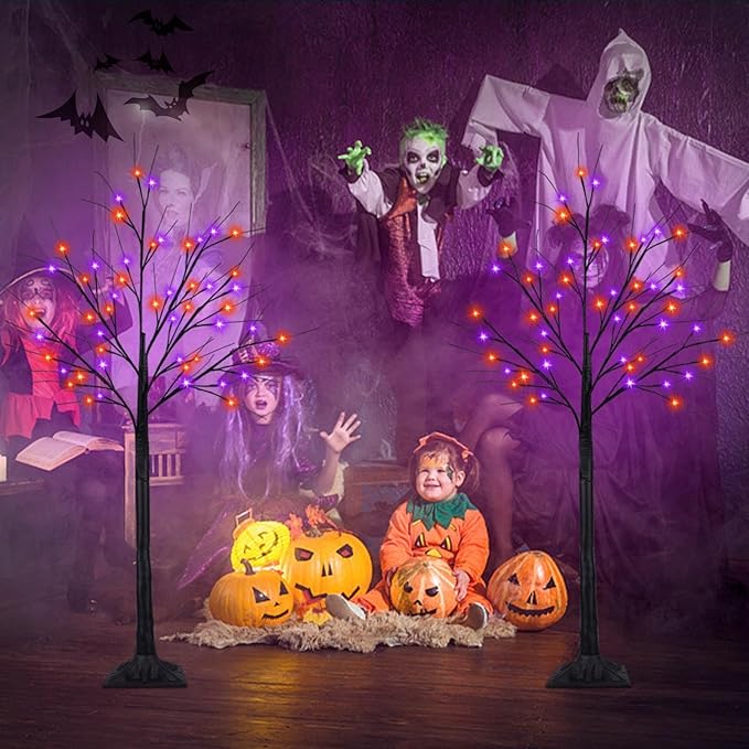 2Pack 4FT 100LED Black Halloween Tree Lights, Timer Function Halloween Trees with Purple and Orange Lights, Spooky Trees Light for Indoor Outdoor Halloween Decorations-Ruum Studio Home