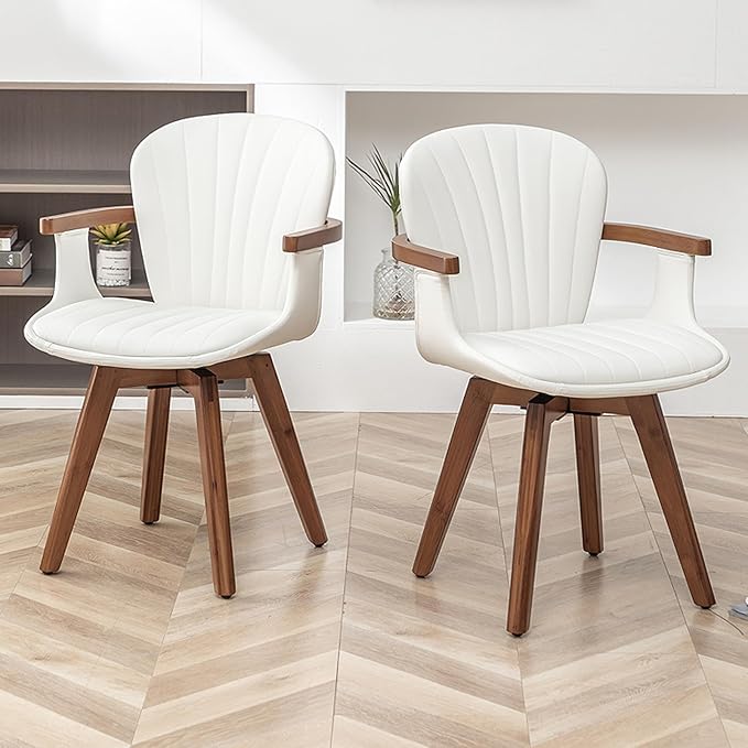 LUNLING Swivel Dining Room Chairs Set of 2,Mid Century Modern White Faux Leather Kitchen Chair with Arms,Bamboo Legs Side Chairs No Wheels,Accent Chair for Dining Rooms and Offices-Ruum Studio Home