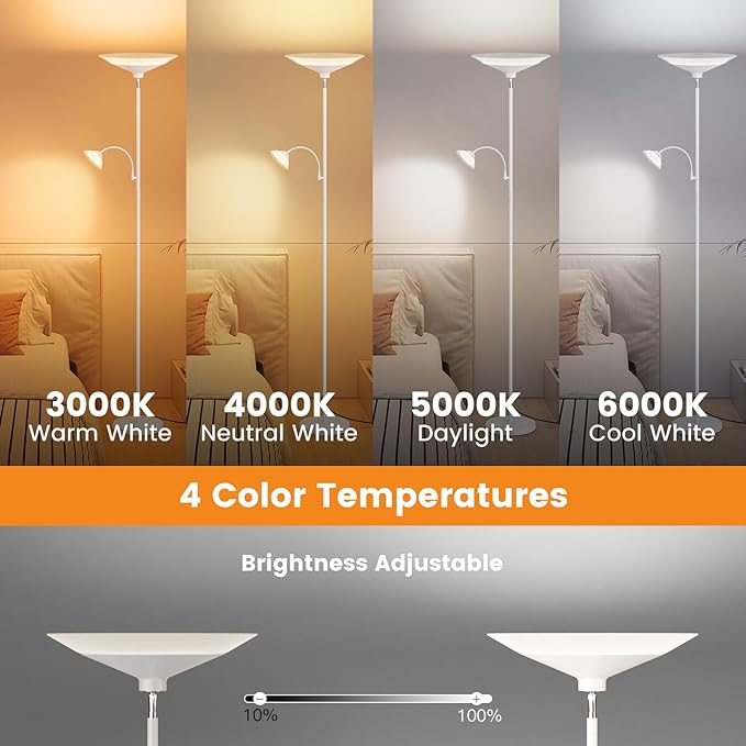 Upgraded 2-Light Torchiere Floor Lamp - 34W Color Changing Standing Lamp with Remote, Rotatable Floor Reading Light, Modern Standing Light with for Living Room Bedroom Office, White-Ruum Studio Home