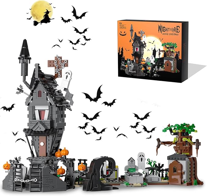 Mini Bricks Haunted Graveyard House Building Set - 1092 PCS Halloween Spooky Construction Toy Kit for Kids & Adults (Not Compatible with )-Ruum Studio Home