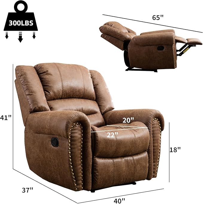 CANMOV Leather Recliner Chair, Classic and Traditional Manual Recliner Chair with Comfortable Arms and Back Single Sofa for Living Room, Nut Brown-Ruum Studio Home