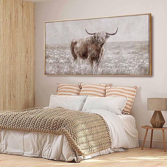 Farmhouse Highland Cow Wall Decor on Canvas with Framed Large Landscape Brown Artwork for Bedroom Living Room Office Decor 29x58 Inch-Ruum Studio Home