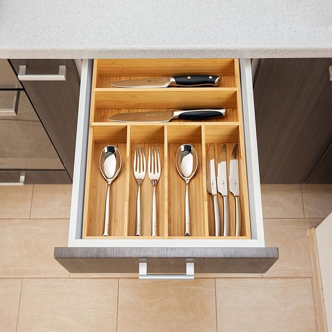 Umilife Kitchen Drawer Organizer, 12 Inch Silverware Utensil Tray Holder, Extra Deep, with Non-Slip Feet & Grooved Drawer Divider, 6 Slots Total Bamboo Wood Caddy for Flatware Cutlery Knives-Ruum Studio Home