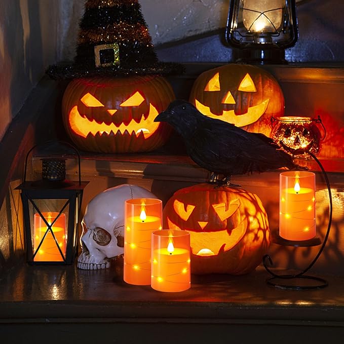 NURADA Flameless Candles with Remote Timers: Built-in Star String Lights 3D Wick Battery Operated Flickering LED Electric Candles for Halloween Thanksgiving Dinner Tables Fall Home Decor Orange 3 Pack-Ruum Studio Home