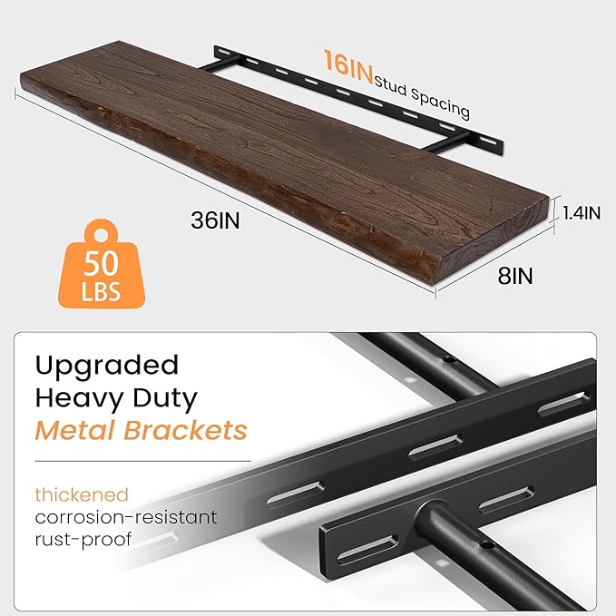 Fun Memories Solid Elm Wood Floating Shelves, 36 Inch Floating Shelves for Wall, Wall-Mounted Live Edge Wooden Shelves with Invisible Heavy-Duty Brackets for Books, Bathroom, Kitchen, Walnut Finish-Ruum Studio Home