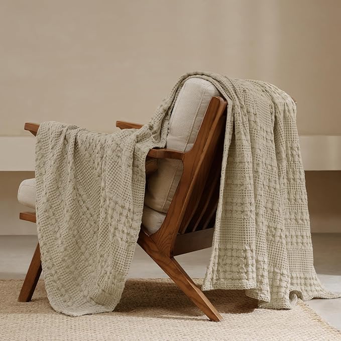 PHF 100% Cotton Waffle Weave Throw Blanket, Soft Lightweight Breathable Cozy Summer Throws for Couch Bed Sofa, Luxury Aesthetic Woven Blanket for Home Decor & Office, 50"x60", Khaki-Ruum Studio Home