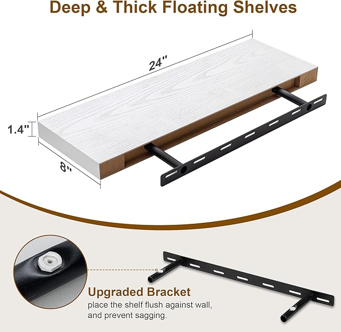 Fun Memories White Floating Shelves, 8 Inch Deep Wall Shelves Set of 2, Rustic Deep Shelves for Wall Storage, 24 x 8 Floating Shelves, 8" Deep White Shelves for Bedroom, Living Room, Kitchen-Ruum Studio Home