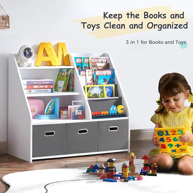 Kids Bookshelf, Kids Toy Storage Organizer with Storage Bins, Wooden Bookshelf and Book Display Shelf for Bedroom, Playroom, Nursery, Classroom, White-Ruum Studio Home
